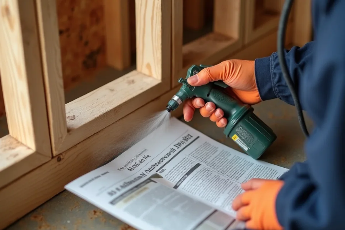 Spraying antimicrobial wash on water damaged utility closet framing studs