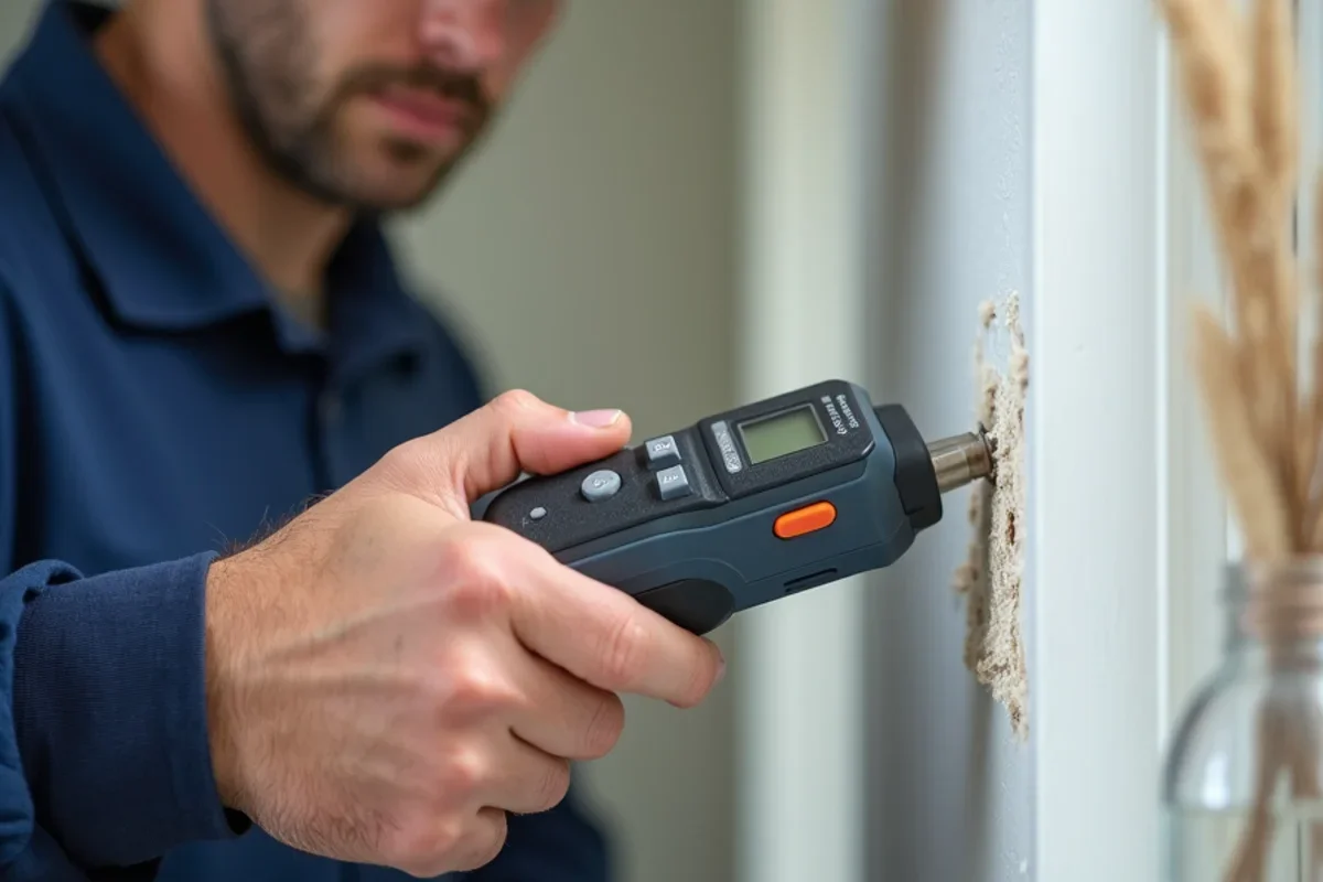 Digital moisture meter measuring baseboard moisture content for hurricane damage checklist florida prevention