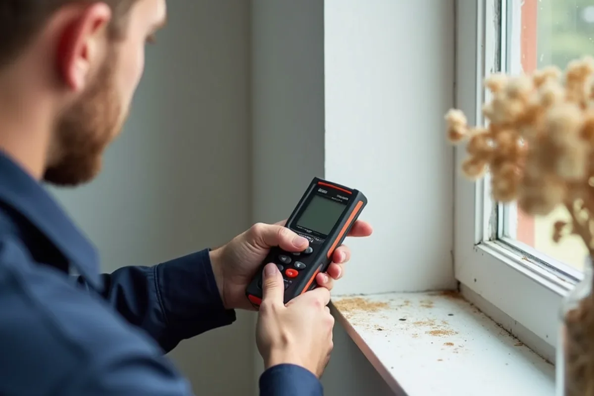 Digital moisture meter measuring baseboard moisture content for burst pipe what to do prevention