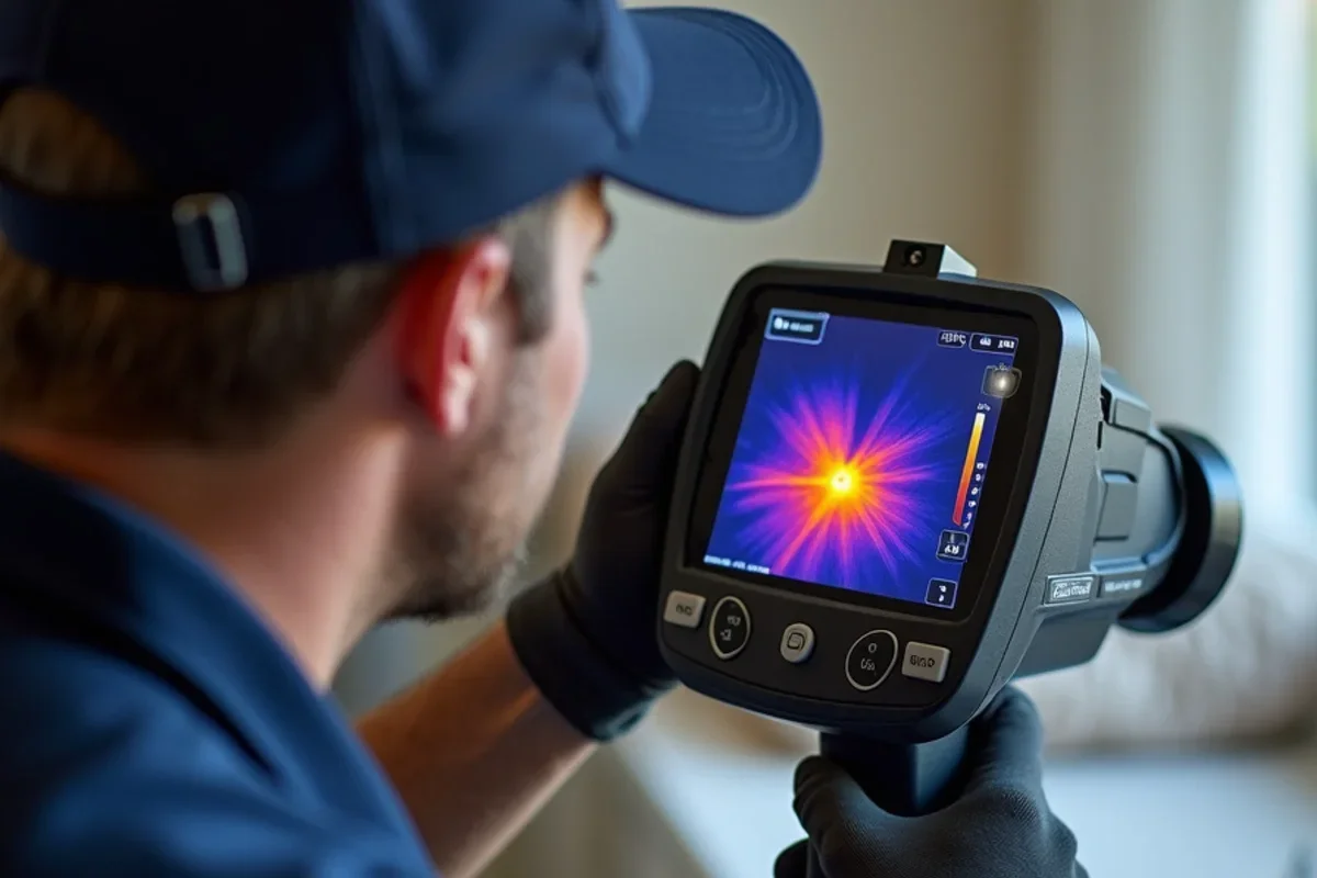 Thermal camera scan detecting hidden moisture and water spread during commercial water damage restoration