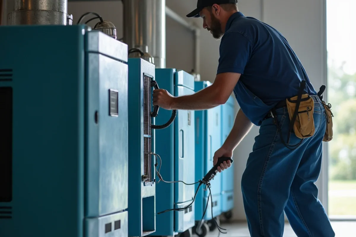 Commercial low grain refrigerant dehumidifier running to manage commercial water damage restoration