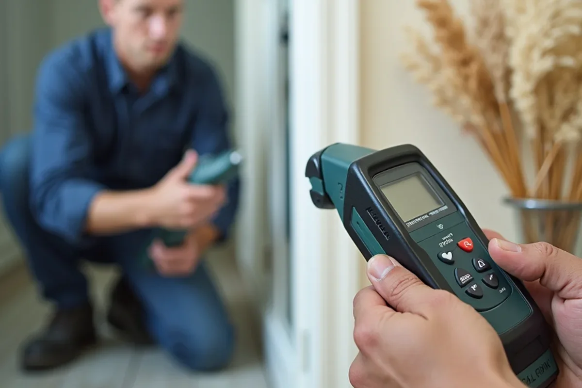 Digital moisture meter measuring baseboard moisture content for what to do after water damage prevention
