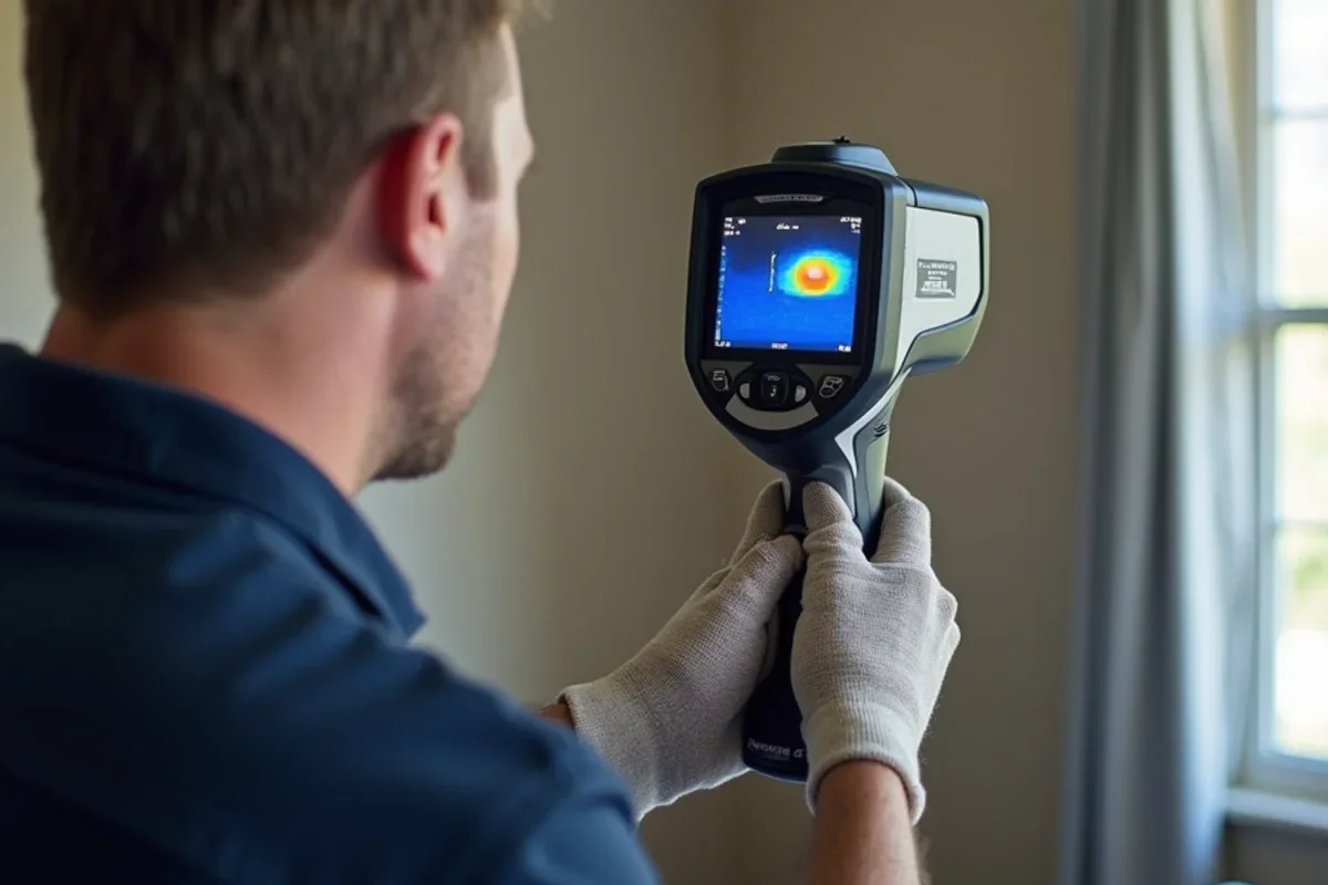 Thermal camera scan detecting hidden moisture and water spread during how long to dry out house after water damage