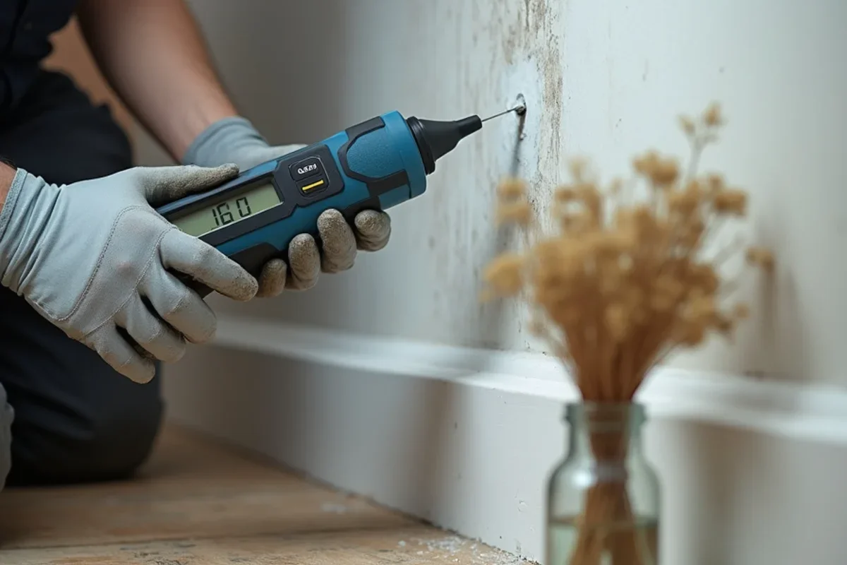 Digital moisture meter measuring baseboard moisture content for lakefront home water damage prevention
