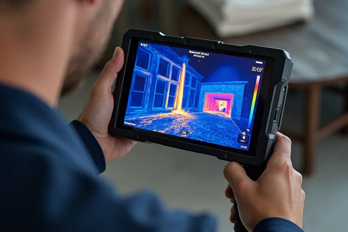 Thermal camera scan detecting hidden moisture and water spread during smoke damage cleanup