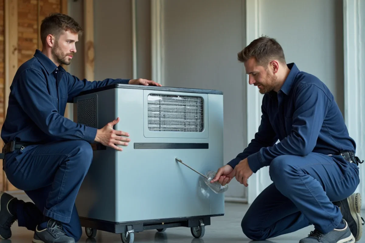 Commercial low grain refrigerant dehumidifier running to manage vacation rental water leak prevention