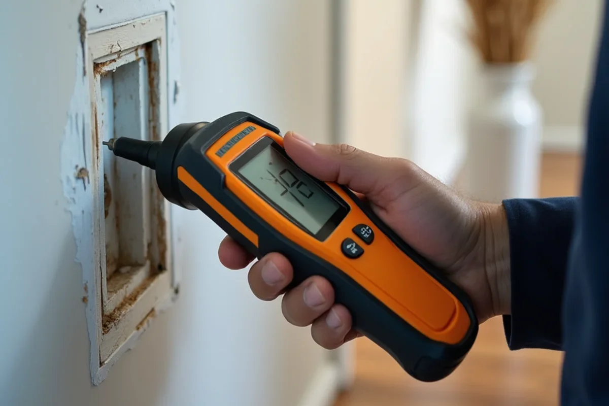 Digital moisture meter measuring baseboard moisture content for water damage restoration cost orlando prevention