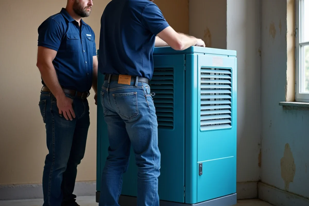 Commercial low grain refrigerant dehumidifier running to manage water mitigation vs restoration