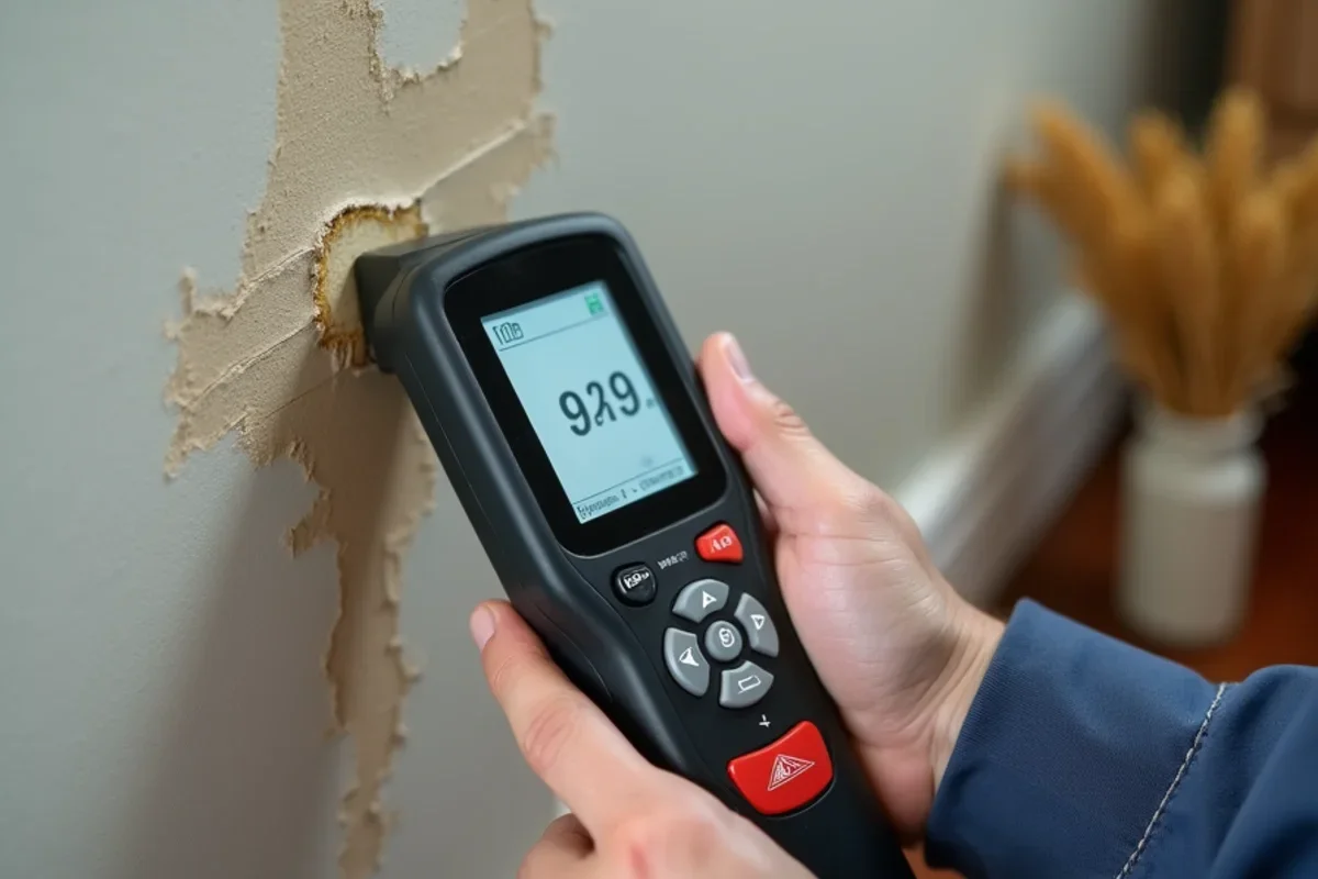 Digital moisture meter measuring baseboard moisture content for water mitigation vs restoration prevention