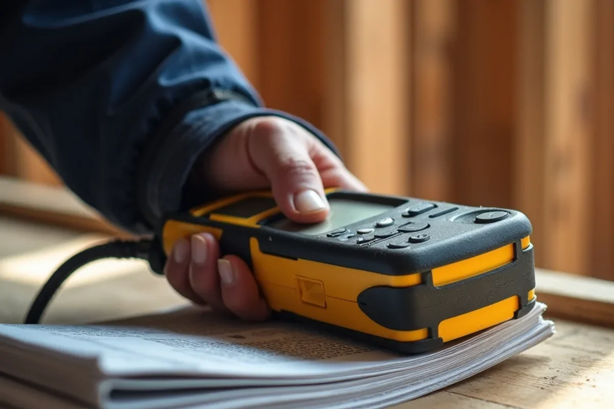 Digital moisture meter measuring framing studs near plumbing rupture