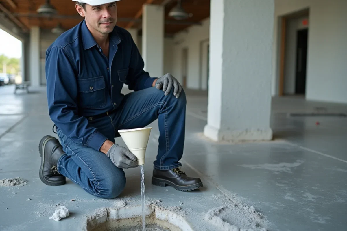 Plastic funnel containment directing ceiling water drip into commercial drain