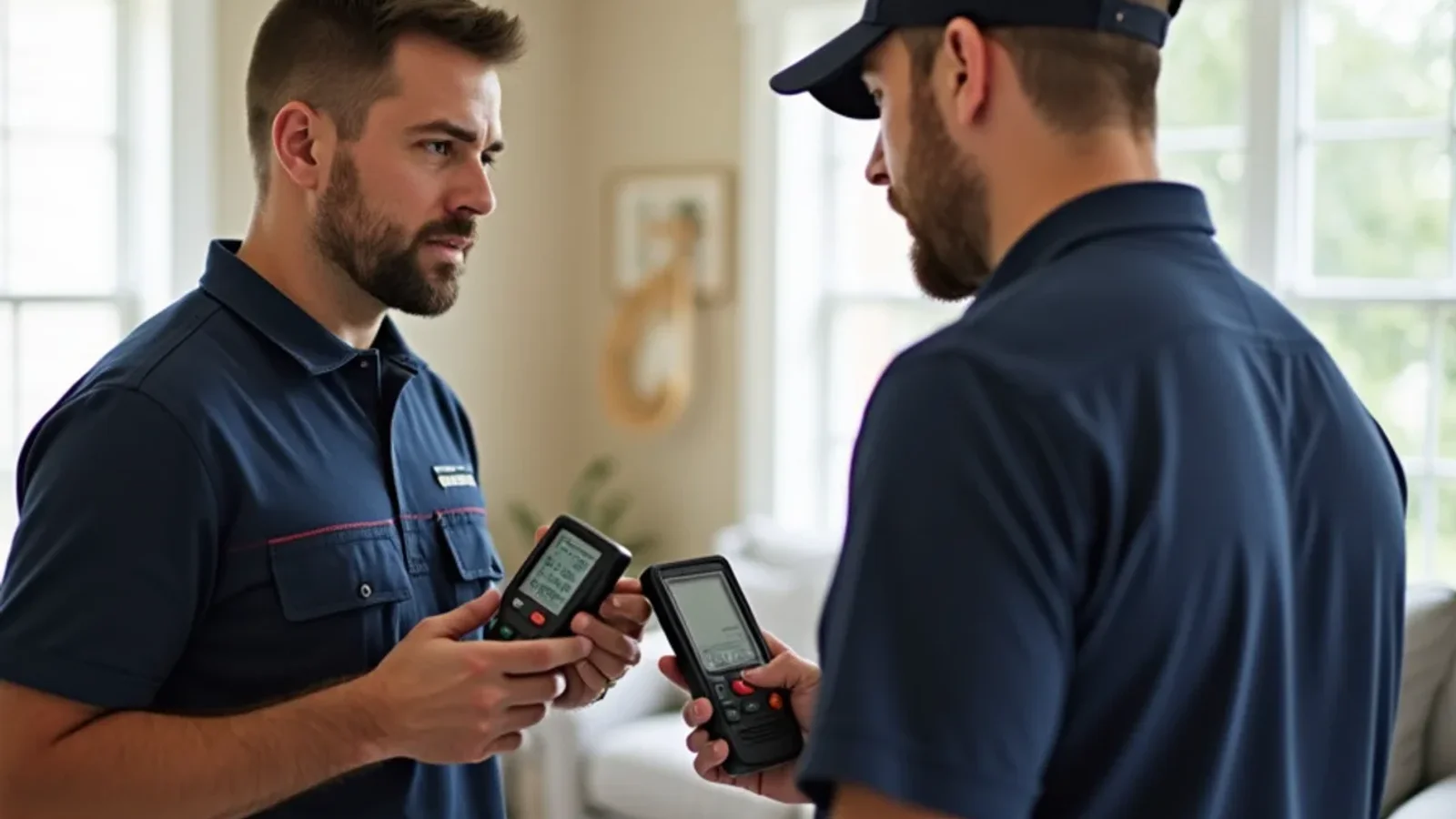 Restoration technician explaining moisture readings and drying logs to homeowner in Orlando