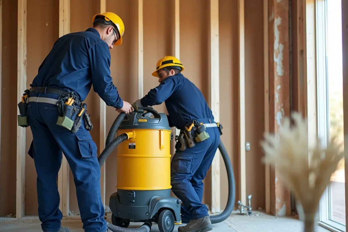 Technician HEPA vacuuming structural wall studs after drywall removal