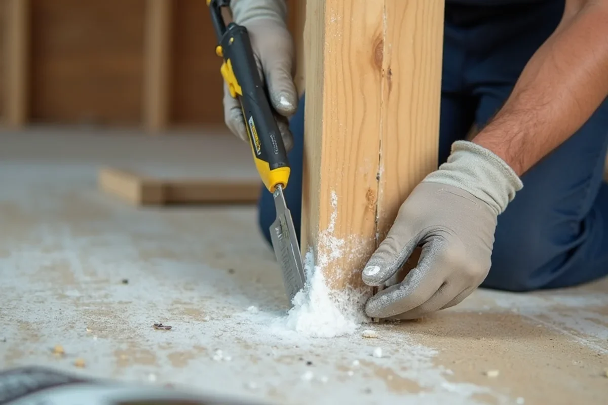 Applying white fungicidal elastomeric encapsulant coating to wood studs
