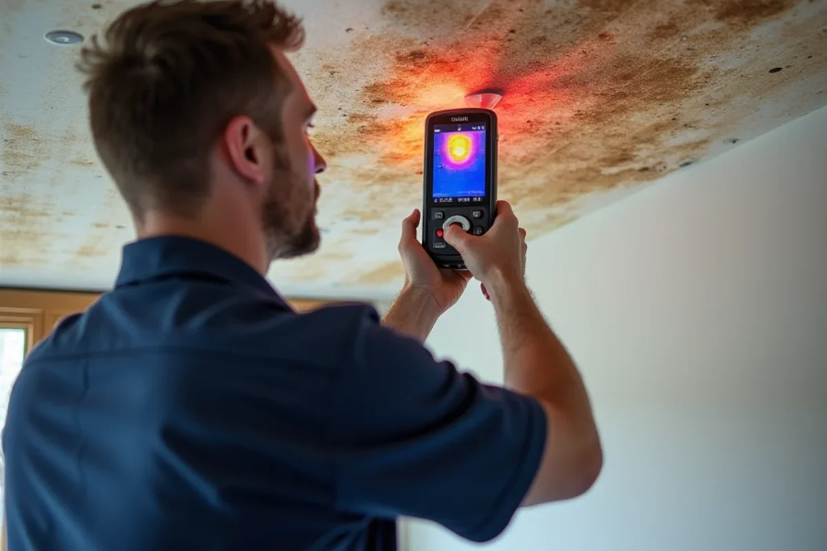 Thermal moisture scan of water stained drywall ceiling beneath roof valley