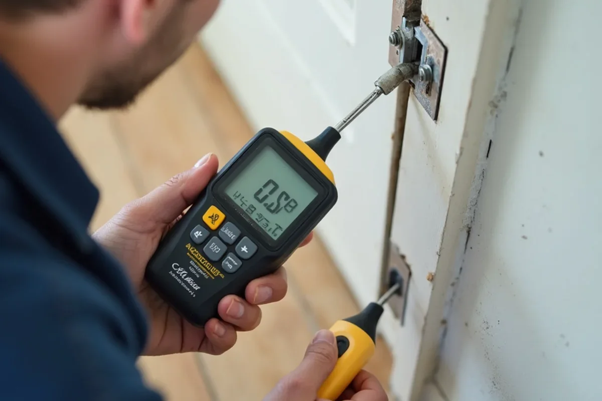 Calibrated moisture meter measuring moisture levels in Altamonte Springs drywall baseboard