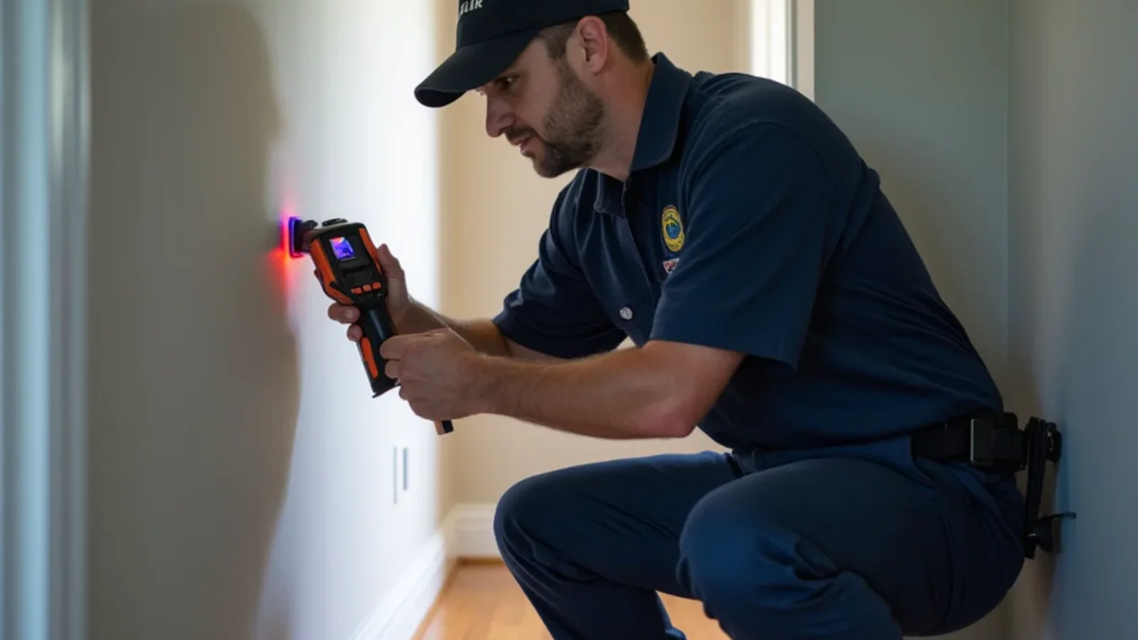 Emergency water damage restoration and structural drying technician working in a Altamonte Springs FL home