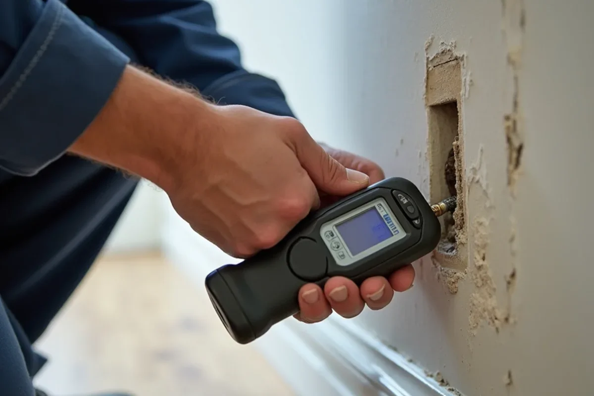 Calibrated moisture meter measuring moisture levels in Azalea Park drywall baseboard