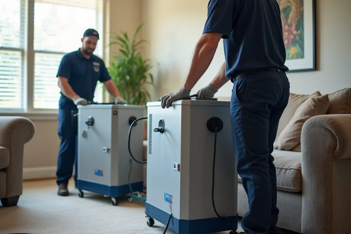 Industrial low grain refrigerant dehumidifiers operating inside Buenaventura Lakes living room