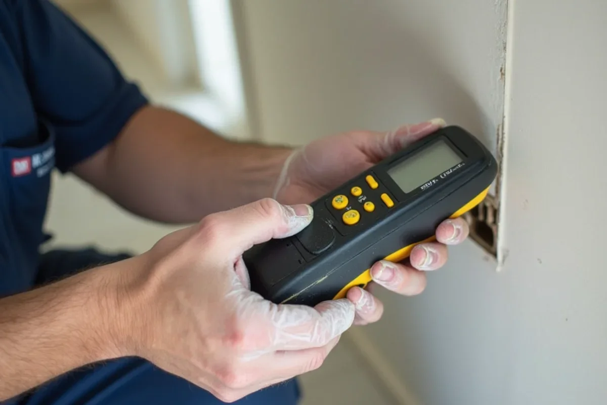 Calibrated moisture meter measuring moisture levels in Celebration drywall baseboard
