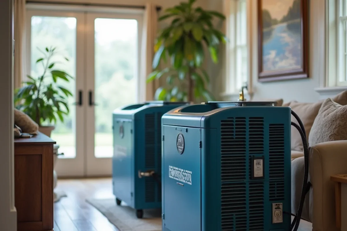Industrial low grain refrigerant dehumidifiers operating inside Celebration living room