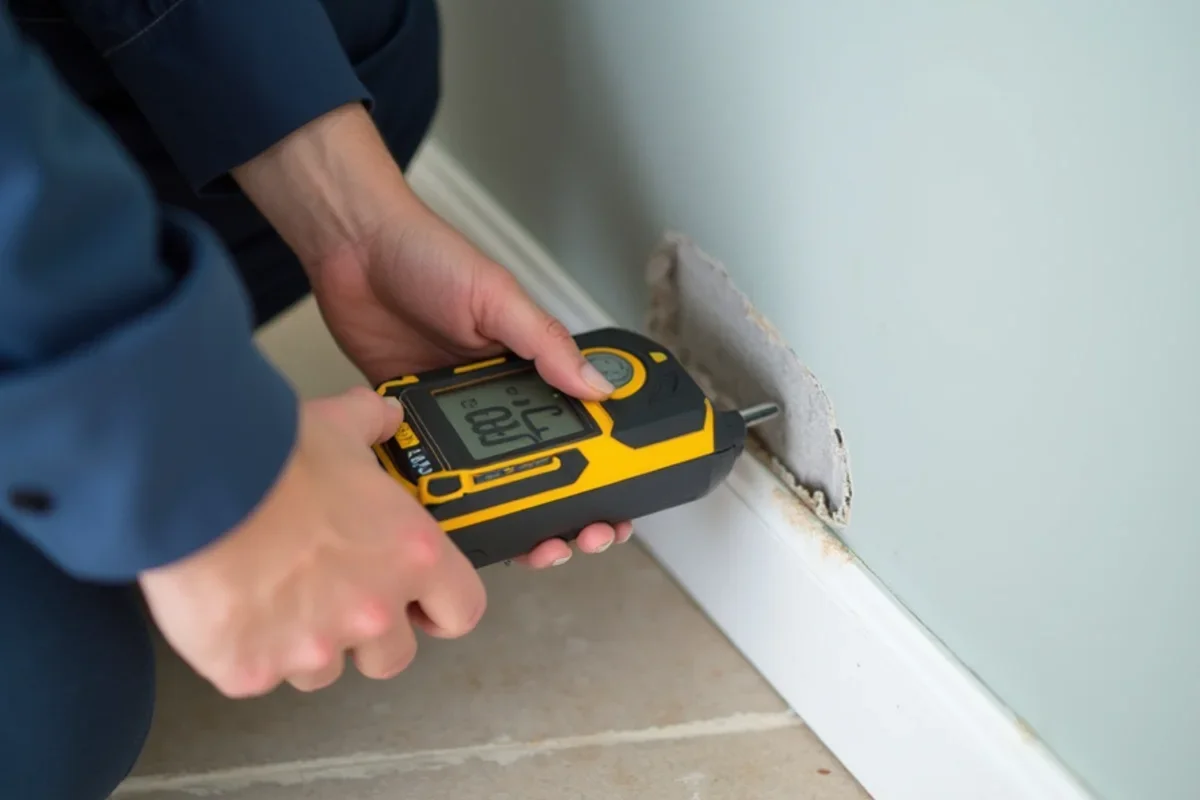 Calibrated moisture meter measuring moisture levels in Eatonville drywall baseboard
