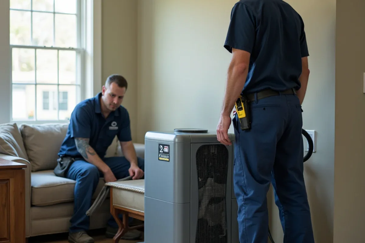 Industrial low grain refrigerant dehumidifiers operating inside Edgewood living room