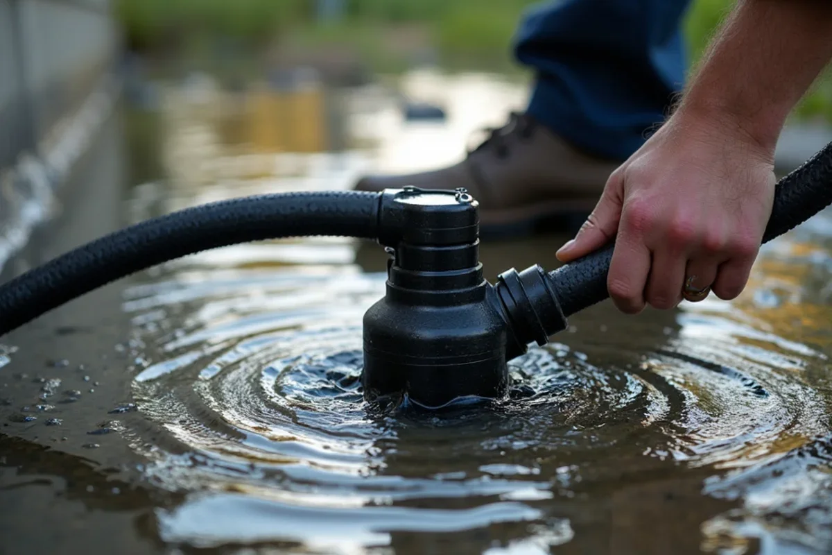 High-volume submersible water pump removing storm intrusion water from lakefront home in Edgewood