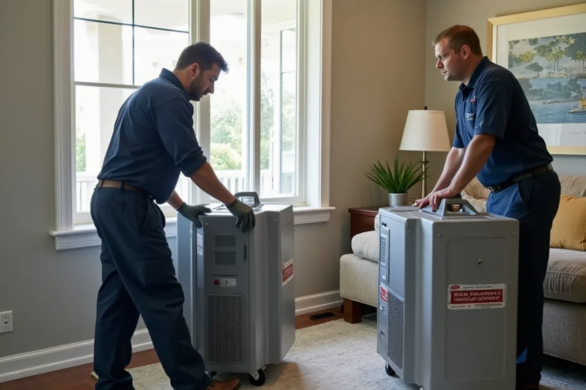 Industrial low grain refrigerant dehumidifiers operating inside Goldenrod living room