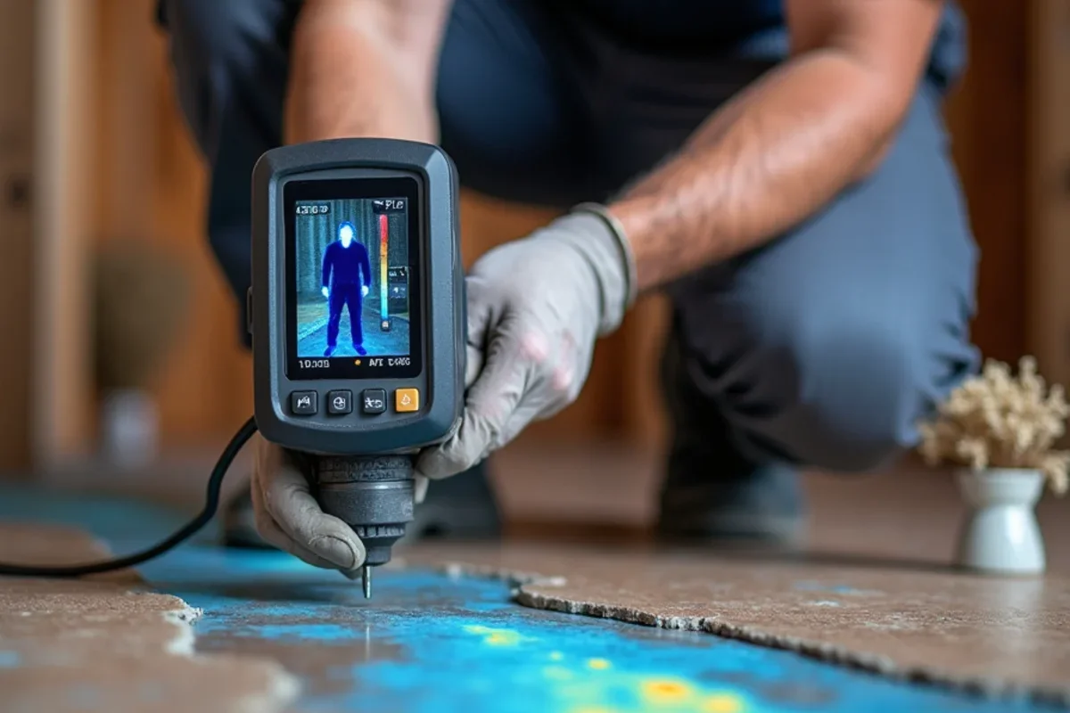 Infrared thermal imaging camera tracing water migration under flooring in Goldenrod
