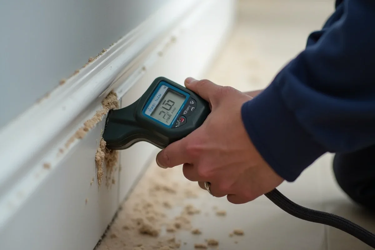 Calibrated moisture meter measuring moisture levels in Kissimmee drywall baseboard