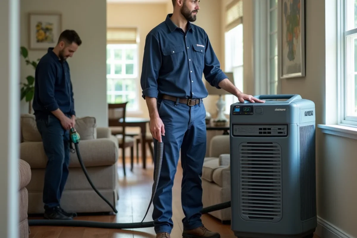 Industrial low grain refrigerant dehumidifiers operating inside Meadow Woods living room