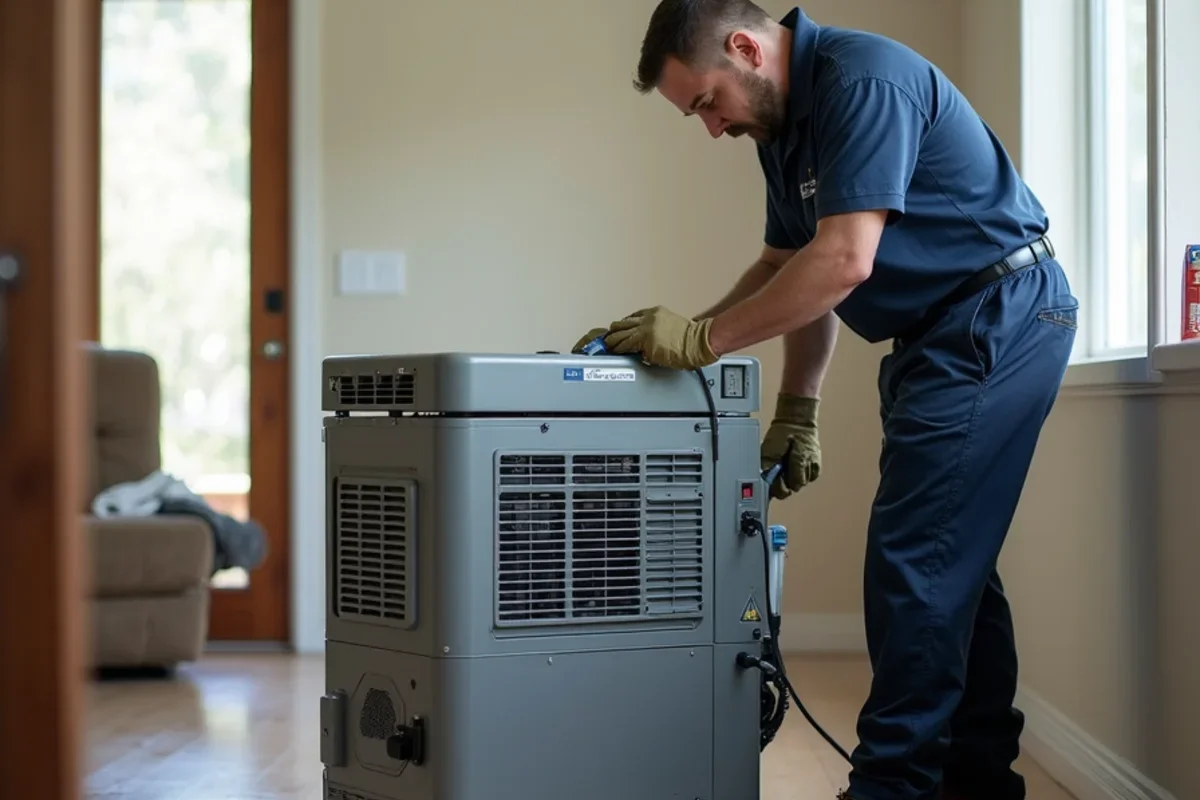 Industrial low grain refrigerant dehumidifiers operating inside Oak Ridge living room