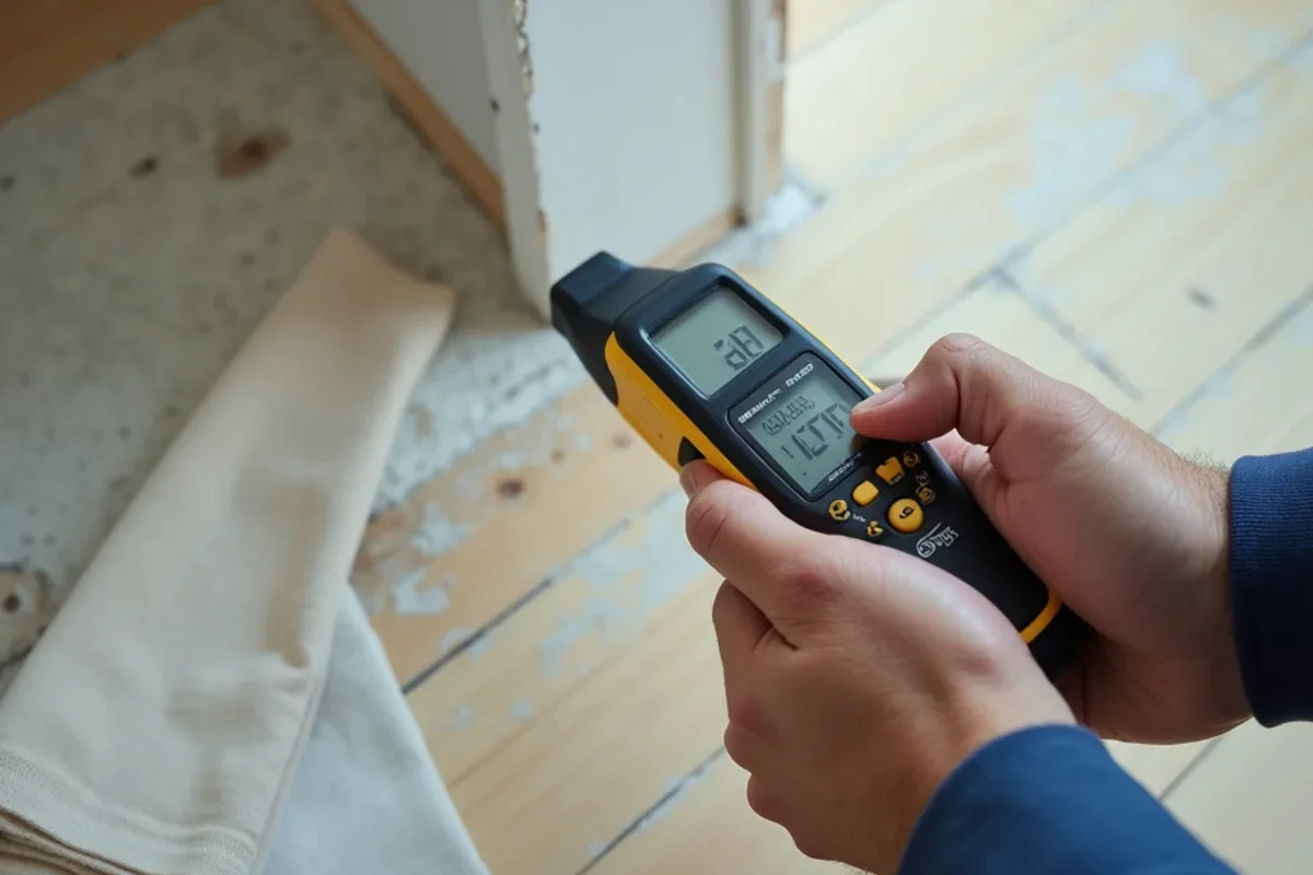 Calibrated moisture meter measuring moisture levels in Ocoee drywall baseboard