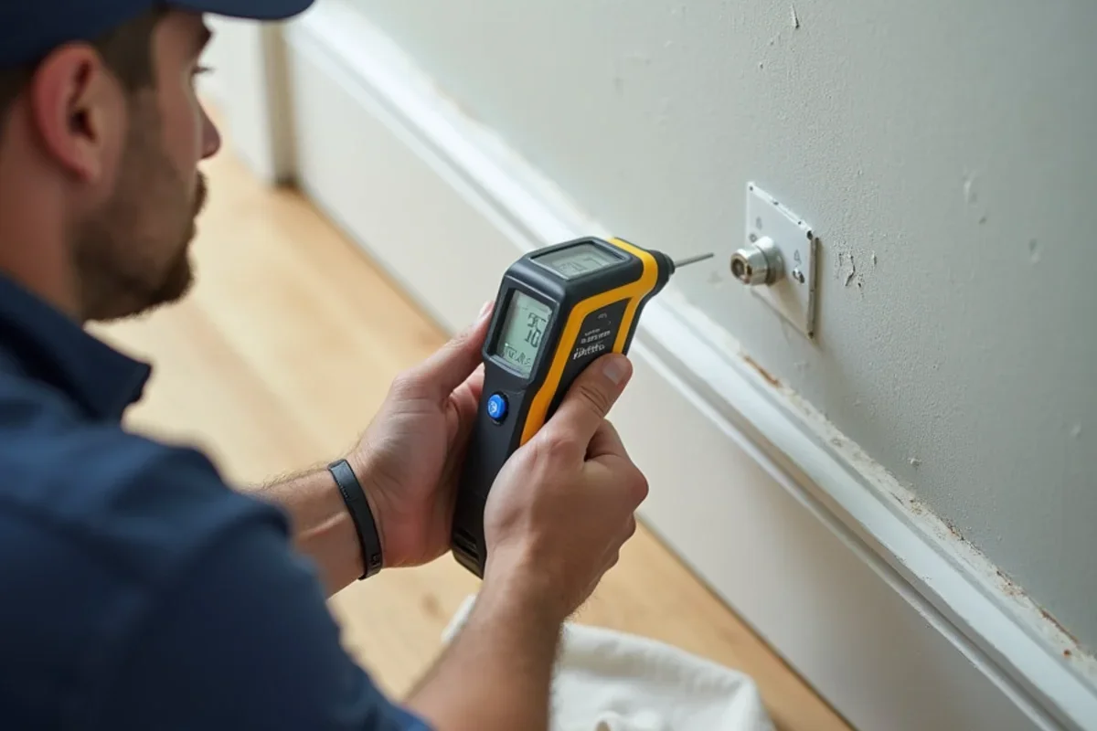 Calibrated moisture meter measuring moisture levels in Union Park drywall baseboard