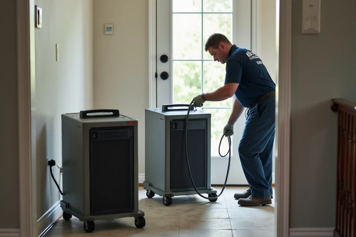 Industrial low grain refrigerant dehumidifiers operating inside Union Park living room