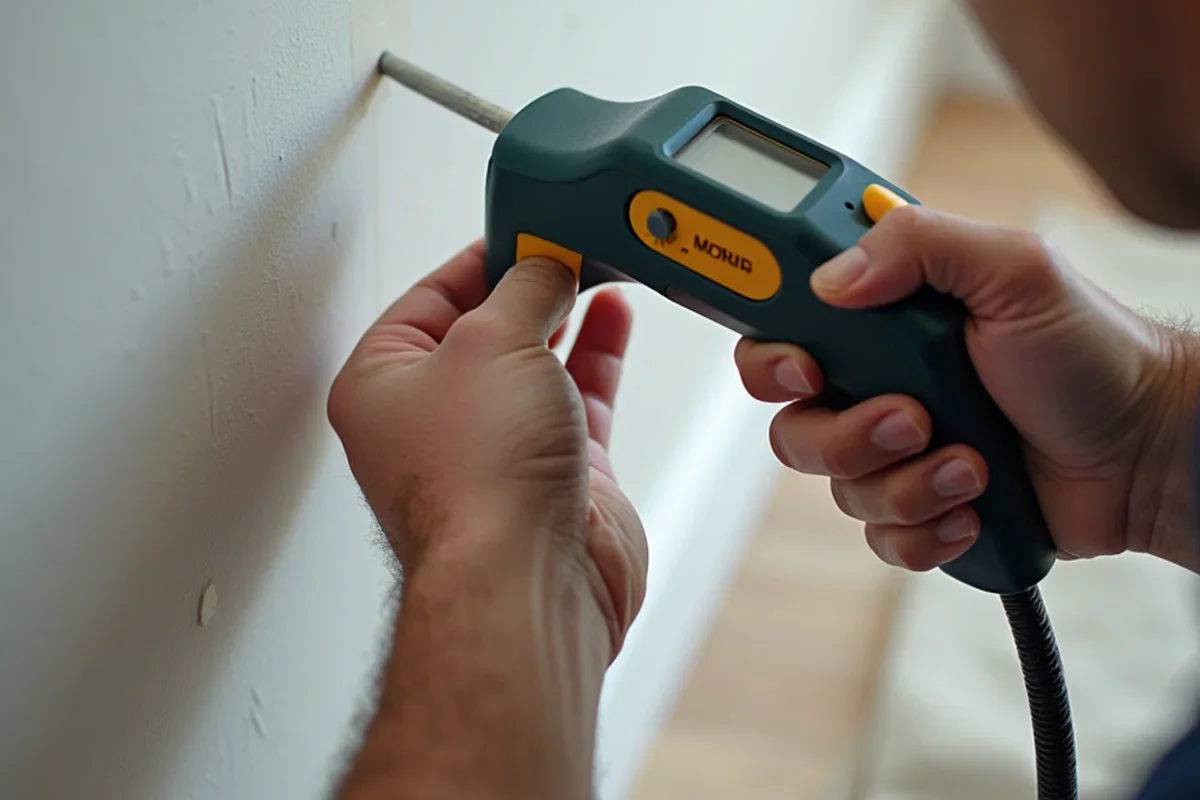 Calibrated moisture meter measuring moisture levels in University (UCF area) drywall baseboard
