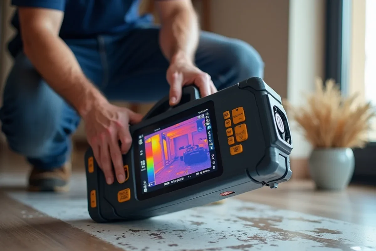 Infrared thermal imaging camera tracing water migration under flooring in Windermere