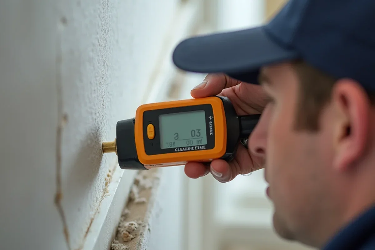 Calibrated moisture meter measuring moisture levels in Winter Park drywall baseboard