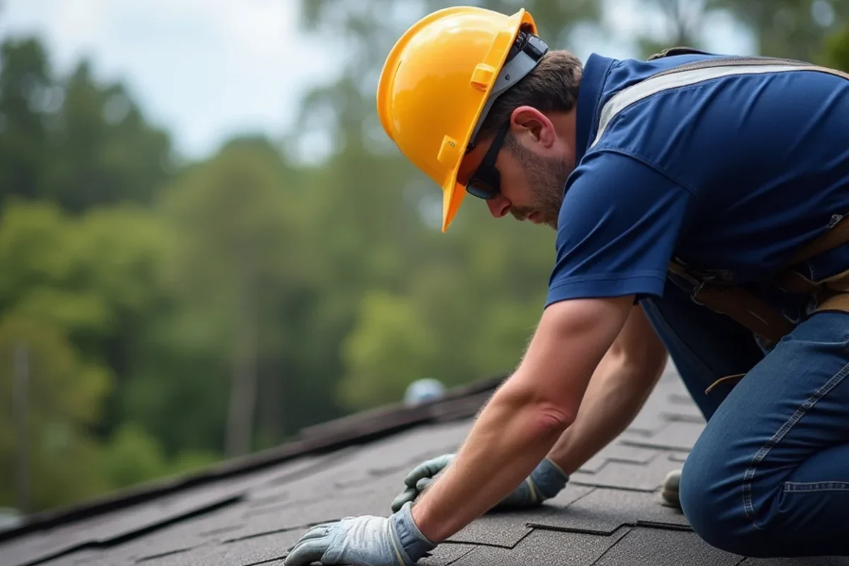 Technician inspecting wind lifted roof shingles after severe hurricane