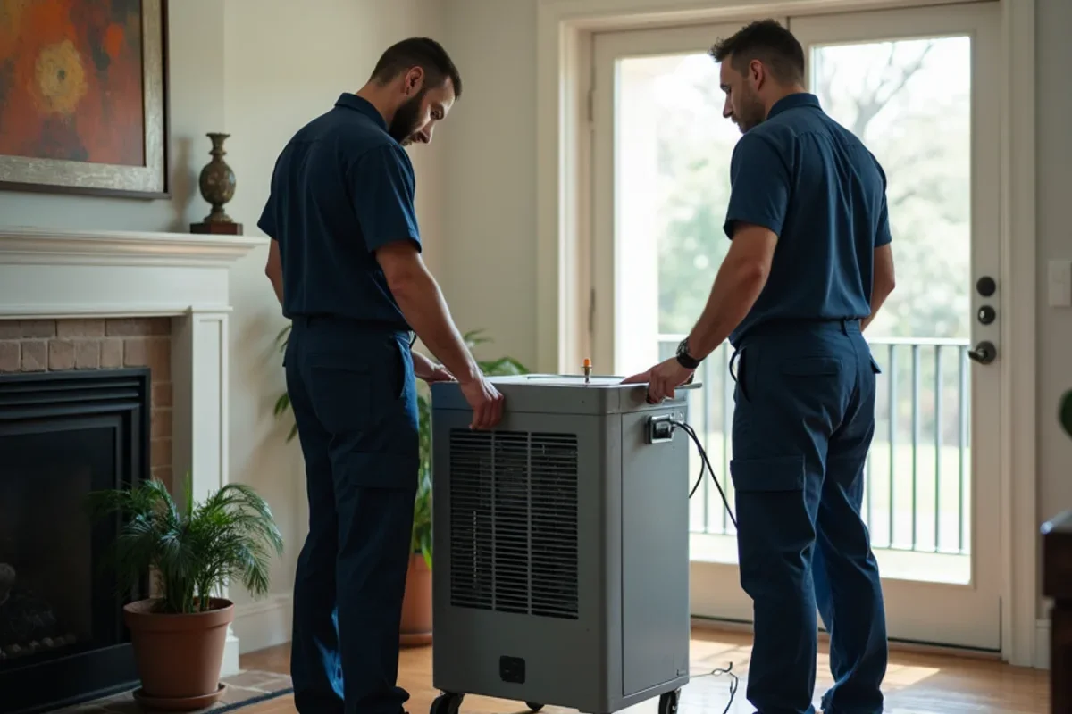 Commercial low grain refrigerant dehumidifier running in flooded Orlando living room
