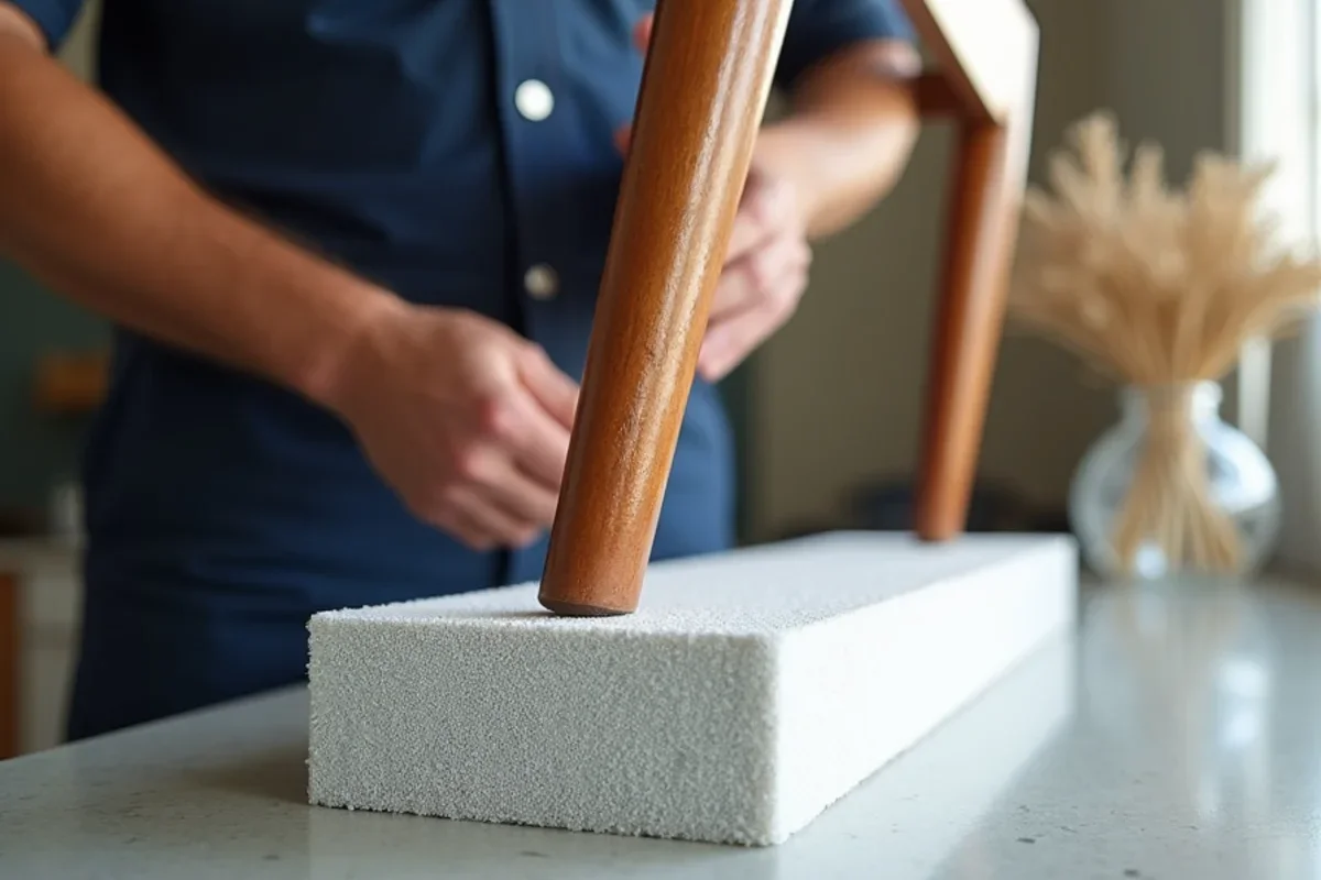 Furniture legs elevated onto waterproof foam blocks to prevent water staining